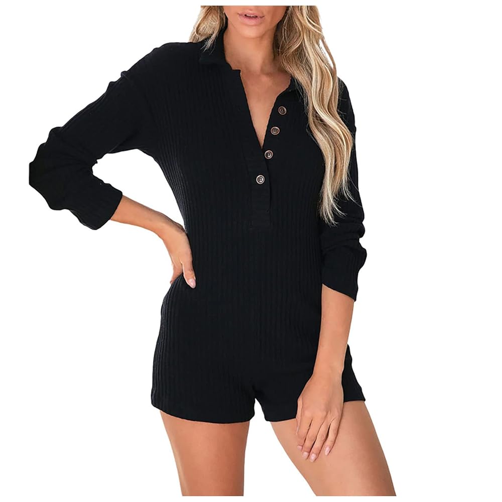 Tagold Women Ribbed Knit Romper Long Sleeve Button Front